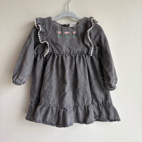 H&M Baby Girls Light Grey Embroidered Flowers Ruffle Long Sleeve Dress 9-12M - Picture 1 of 6